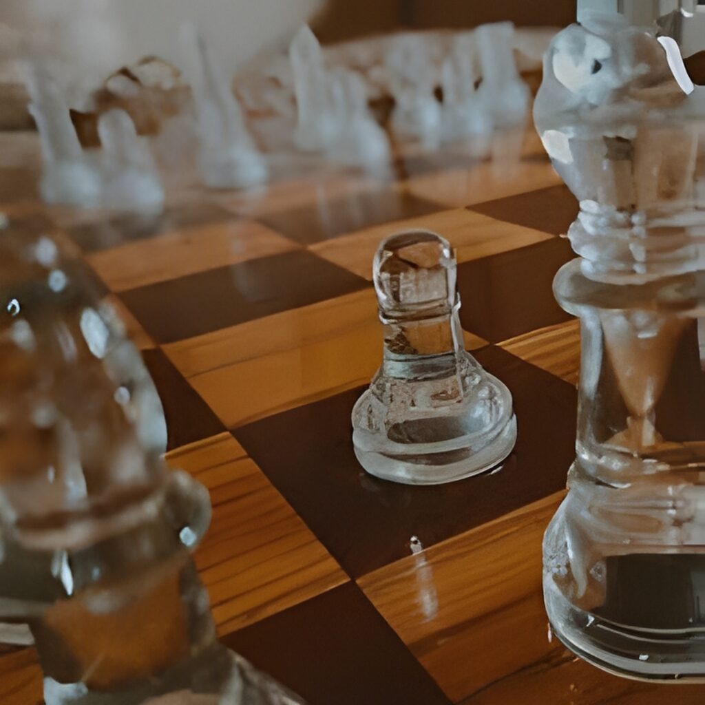 Elegant glass chess set on wooden table at Welgelegen Manor.