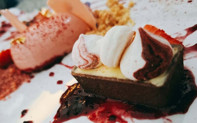 Elegant dessert at Welgelegen Manor Delicious chocolate dessert topped with marshmallows and berry sauce at Welgelegen Manor.
